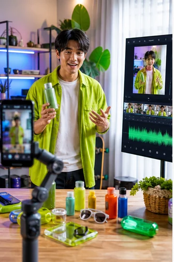 Creator editing video voiceover audio