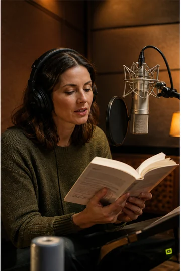 Narrator recording audiobook and podcast audio