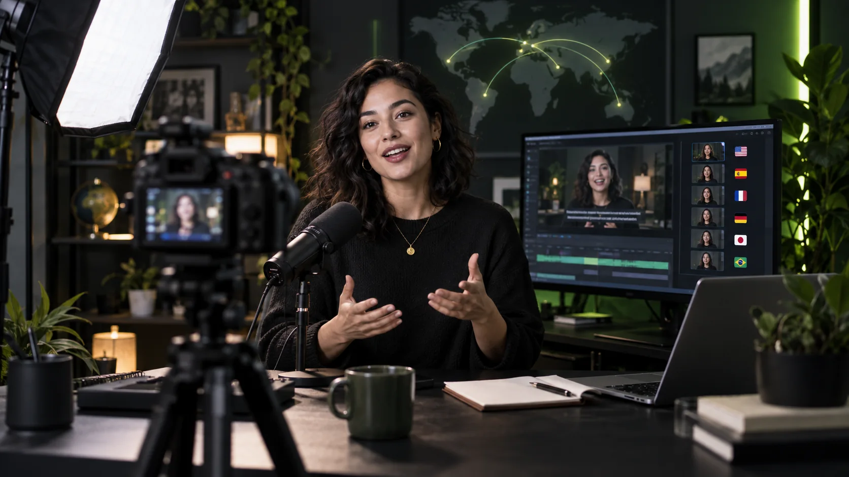 Un créateur enregistre du contenu multilingue dans son studio à domicile