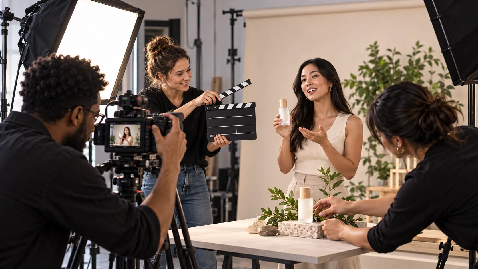 Une équipe marketing filme une publicité vidéo pour un produit