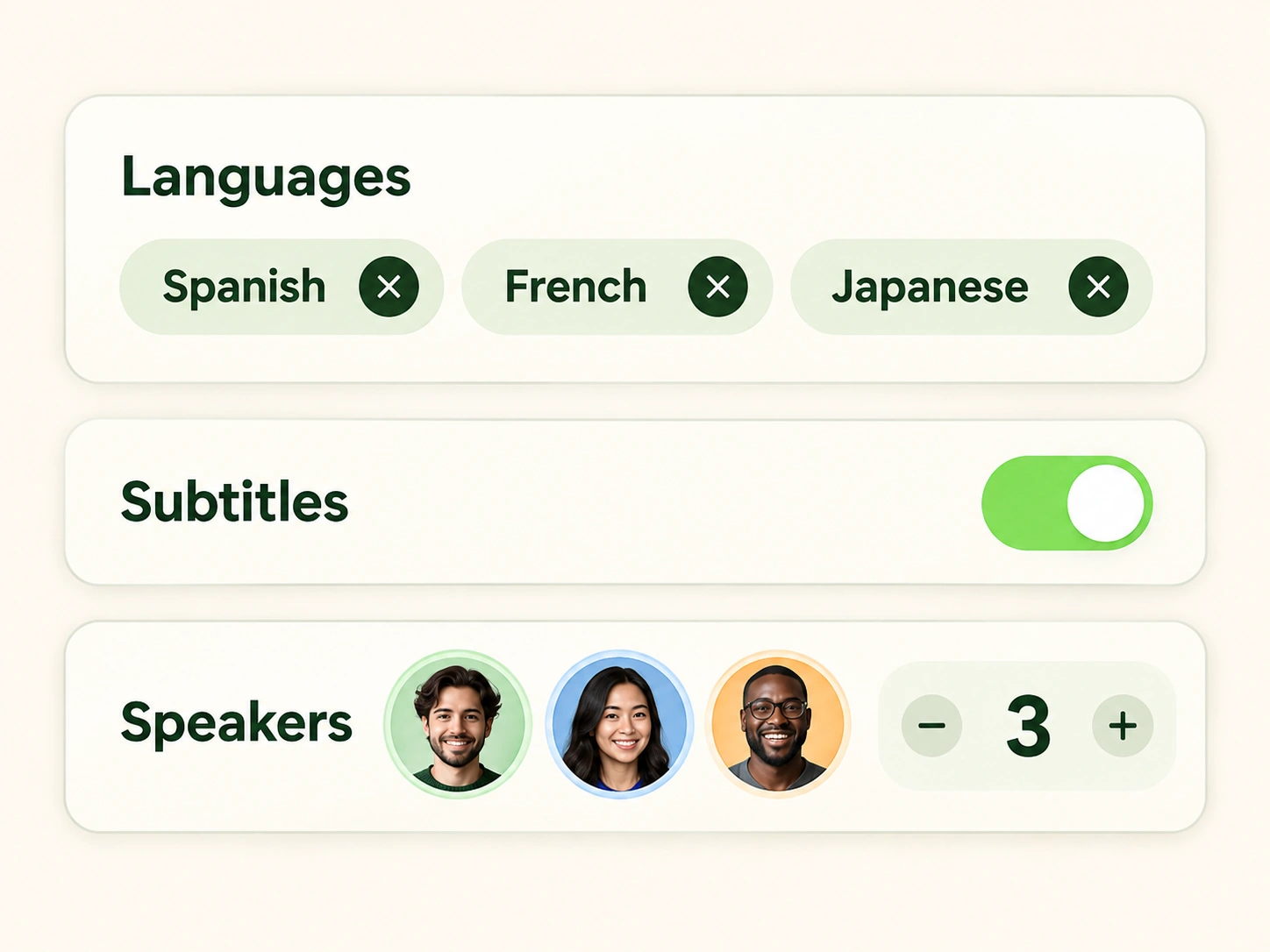 Sélectionner plusieurs langues, activer les sous-titres et définir le nombre de personnes